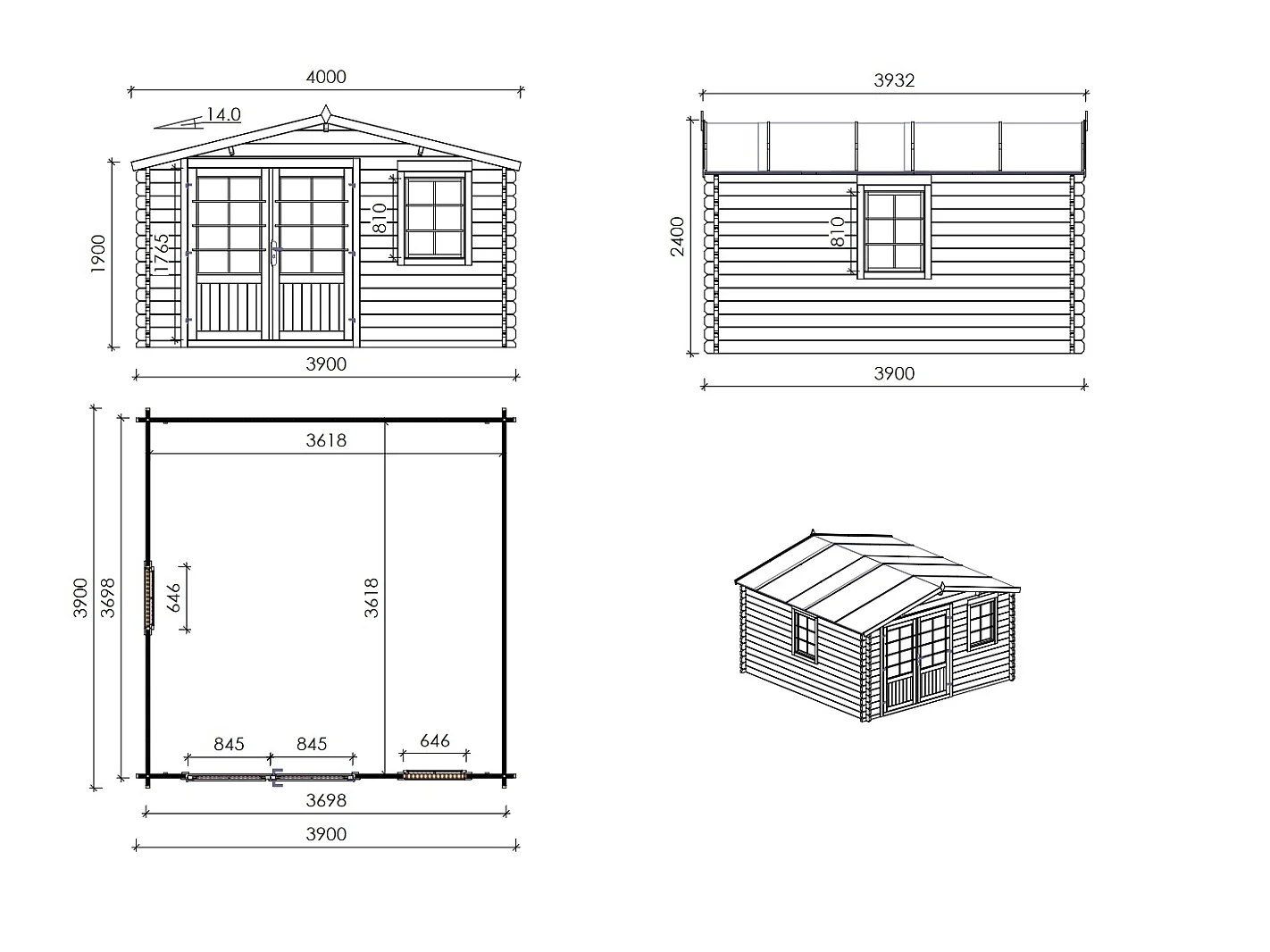Casetta da giardino in legno - 15.21m2 - 3.9x3.9m - 40mm - colore: naturale - DOM658 - ALTANKA