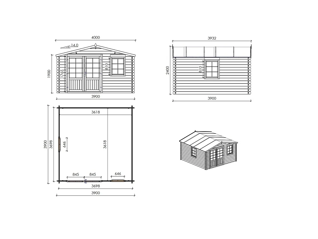 Casetta da giardino in legno - 15.21m2 - 3.9x3.9m - 40mm - colore: naturale - DOM658 - ALTANKA
