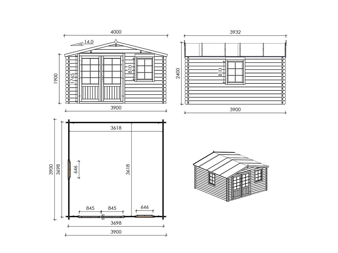 Casetta da giardino in legno - 15.21m2 - 3.9x3.9m - 40mm - colore: naturale - DOM658 - ALTANKA