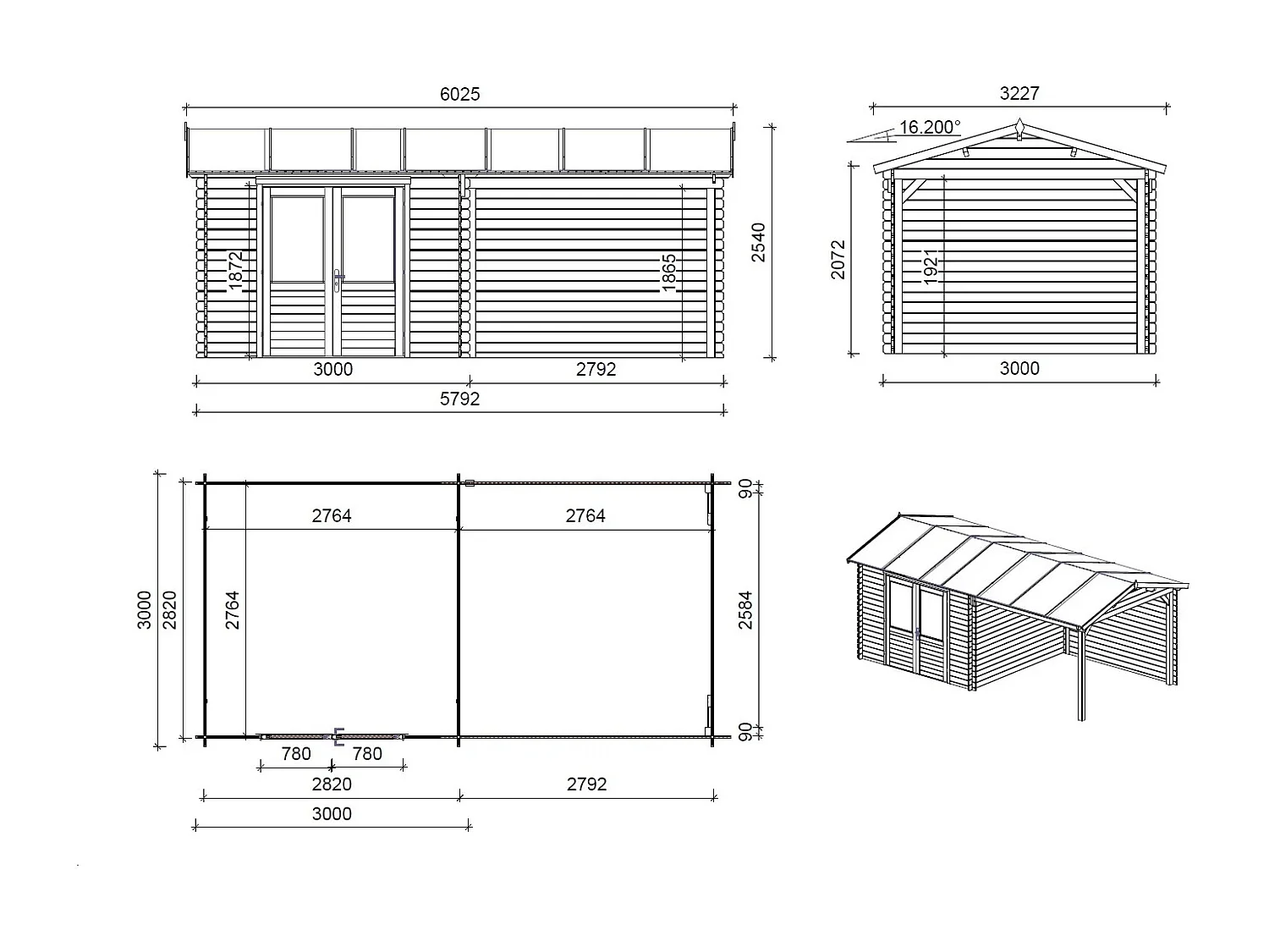 Casetta da giardino in legno - 17.40m2 - 5.79x3.00m - 28mm - colore: naturale - DOM639 - ALTANKA