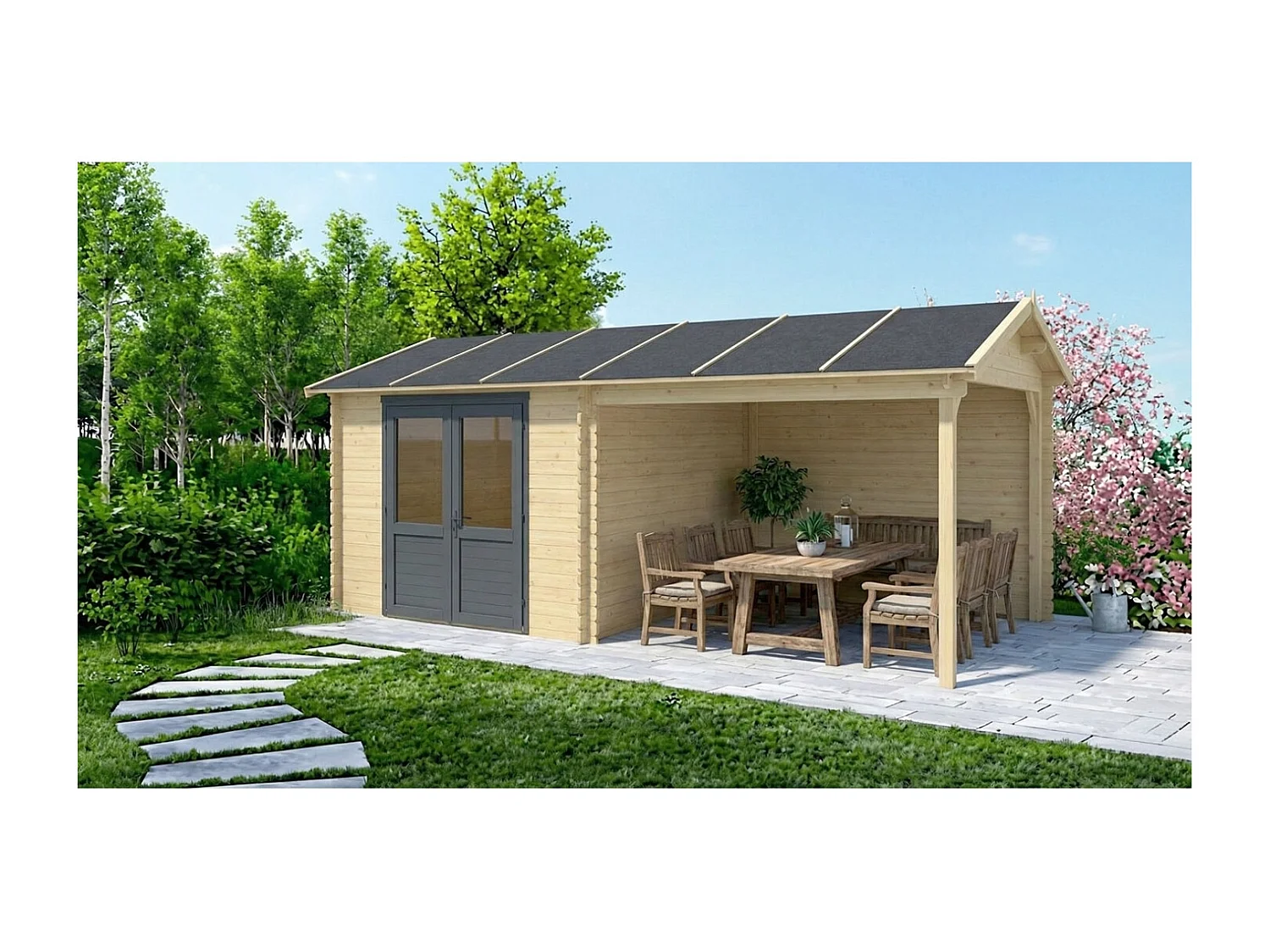 Casetta da giardino in legno - 17.4m2 - 5.79x3m - 28mm - colore: naturale - DOM639 - ALTANKA