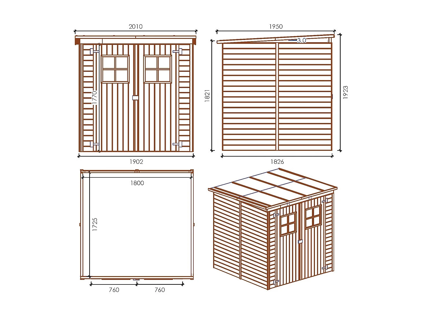 Abri de jardin en bois 3.42 m2 - 1.9x1.8 m - traité - Couleur: vert - DOM10 - ALTANKA