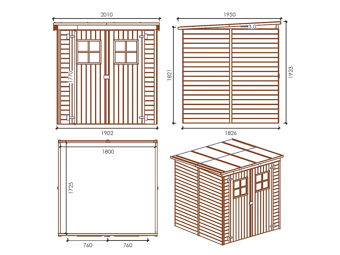 Casetta da giardino in legno 3.42 m2 - 1.9x1.8 m - 12.5 mm - Impregnata - DOM10 - ALTANKA