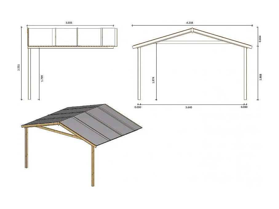 Abri de jardin en bois - 4x3 m + terrasse avec balustrade et avant-toit en bois - 24 m2 - Traité - DOM595+DOM541+DOM542+POD05 - ALTANKA