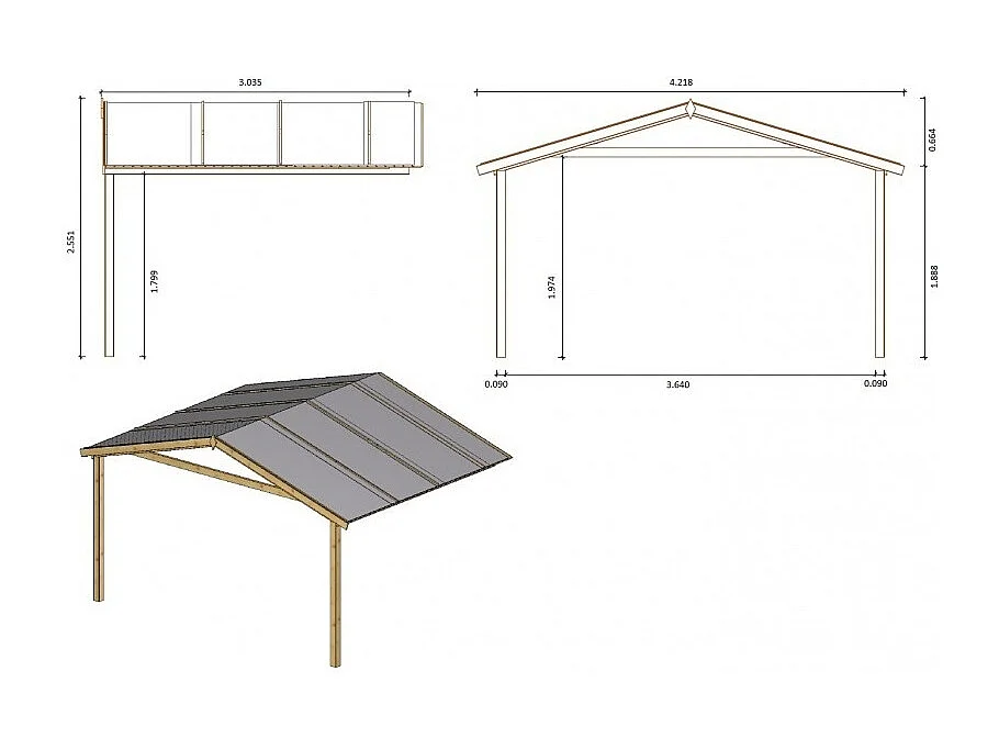 Abri de jardin en bois - 4x3 m + terrasse avec balustrade et avant-toit en bois - 24 m2 - Traité - DOM595+DOM541+DOM542+POD05 - ALTANKA