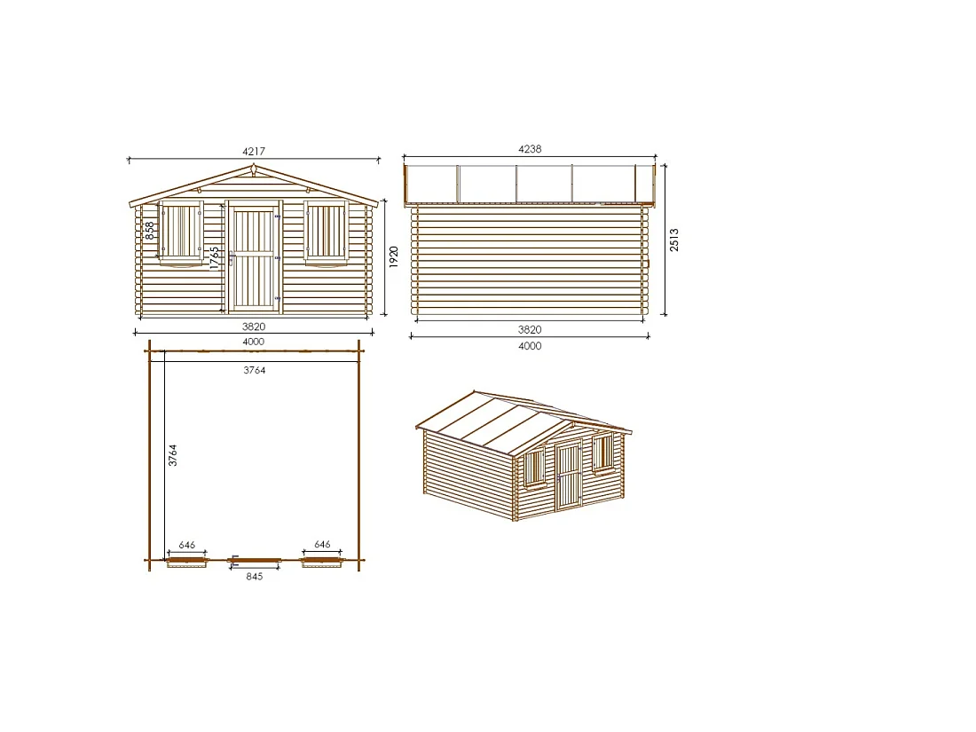 Casetta da giardino in legno - 16m2 - 4x4m - 28mm - colore: naturale - DOM149 - ALTANKA