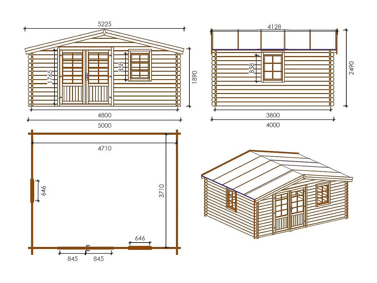 Casetta da giardino in legno - 20.00m2 - 5.00x4.00m - impregnata - 45mm - colore: marrone - DOM376 - ALTANKA