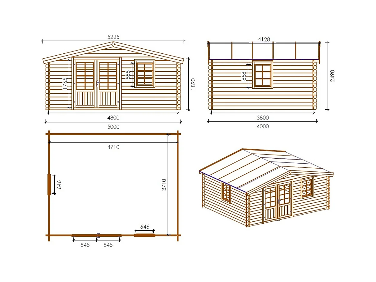 Abri de jardin en bois - 20m2 - 5x4m - Traité - Ep. 45mm - Couleur: marron - DOM376 - ALTANKA