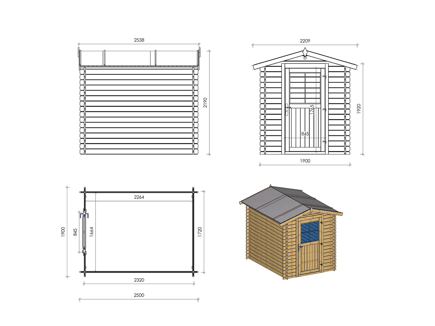 Abri de jardin en bois - 4.75m2 - 1.9x2.5m - Ep. 28mm - Couleur: naturel - DOM594 - ALTANKA