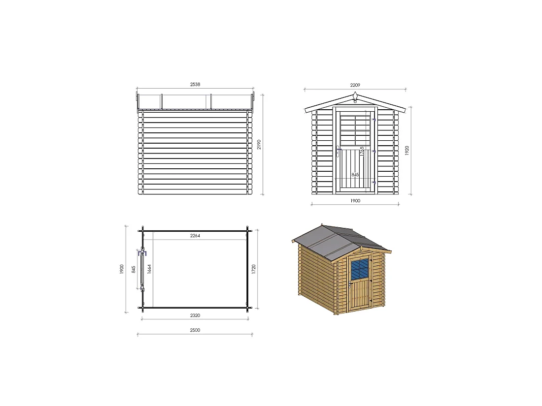 Abri de jardin en bois - 4.75m2 - 1.9x2.5m - Ep. 28mm - Couleur: naturel - DOM594 - ALTANKA