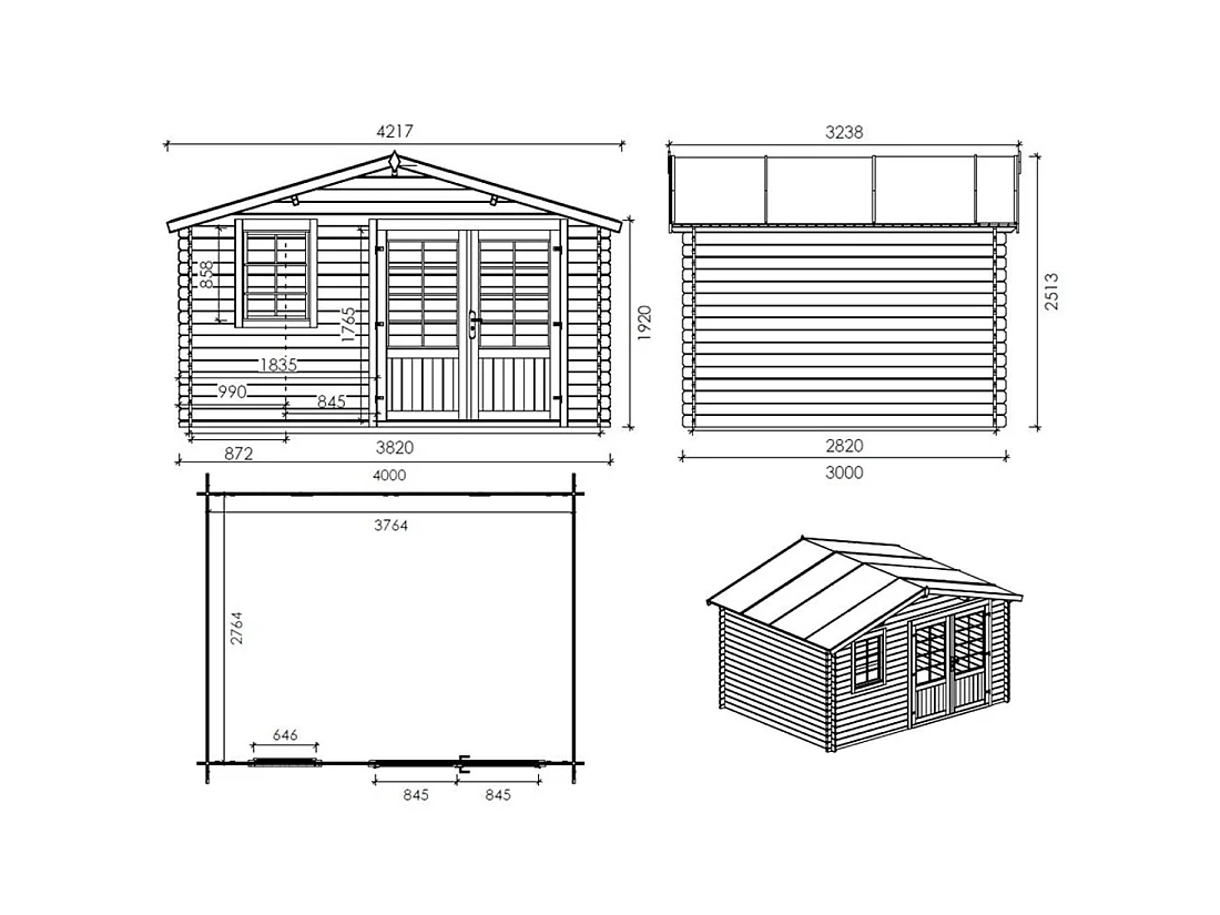 Abri de jardin en bois - 12m2 - 4x3m - Traité - Ep. 28mm - Couleur: marron - DOM595 - ALTANKA