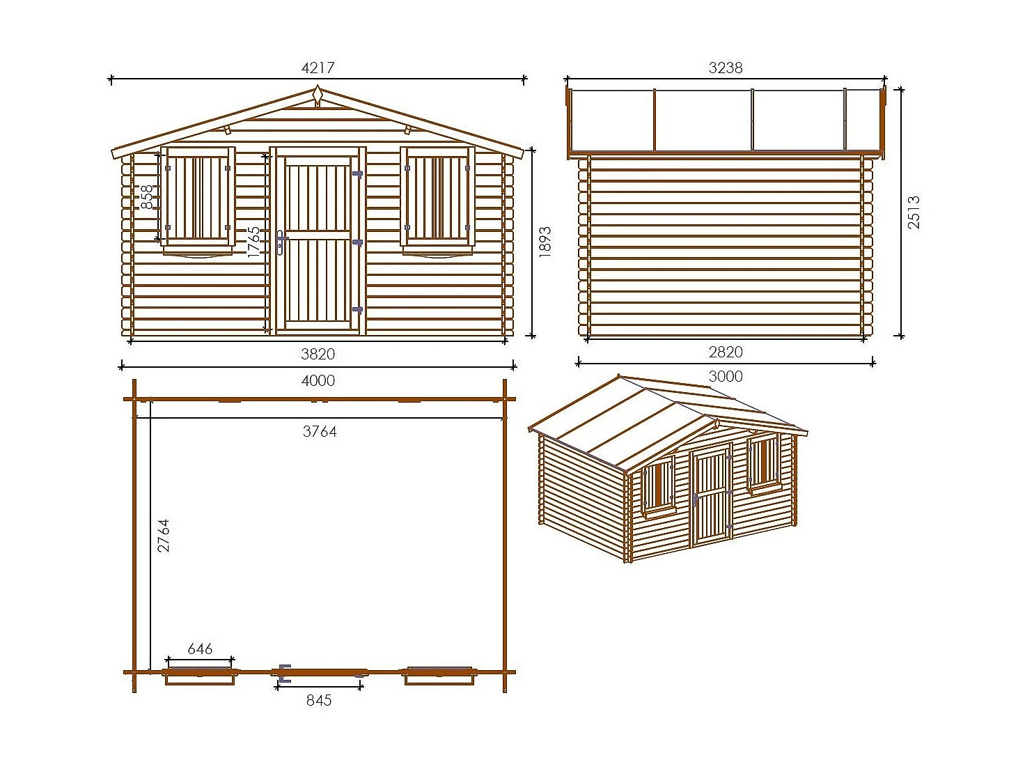 Abri de jardin en bois - 12m2 - 4x3m - Traité - Ep. 28mm - Couleur: marron - DOM418 - ALTANKA