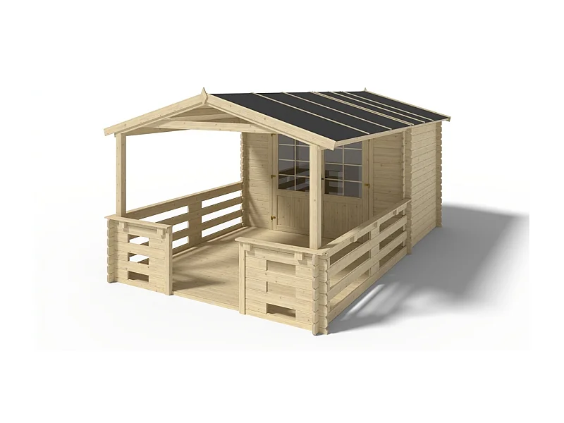 Abri de jardin en bois - 3x2 m + terrasse avec balustrade et avant-toit en bois - 15 m2 - DOM420+DOM394+DOM395+POD04 - ALTANKA