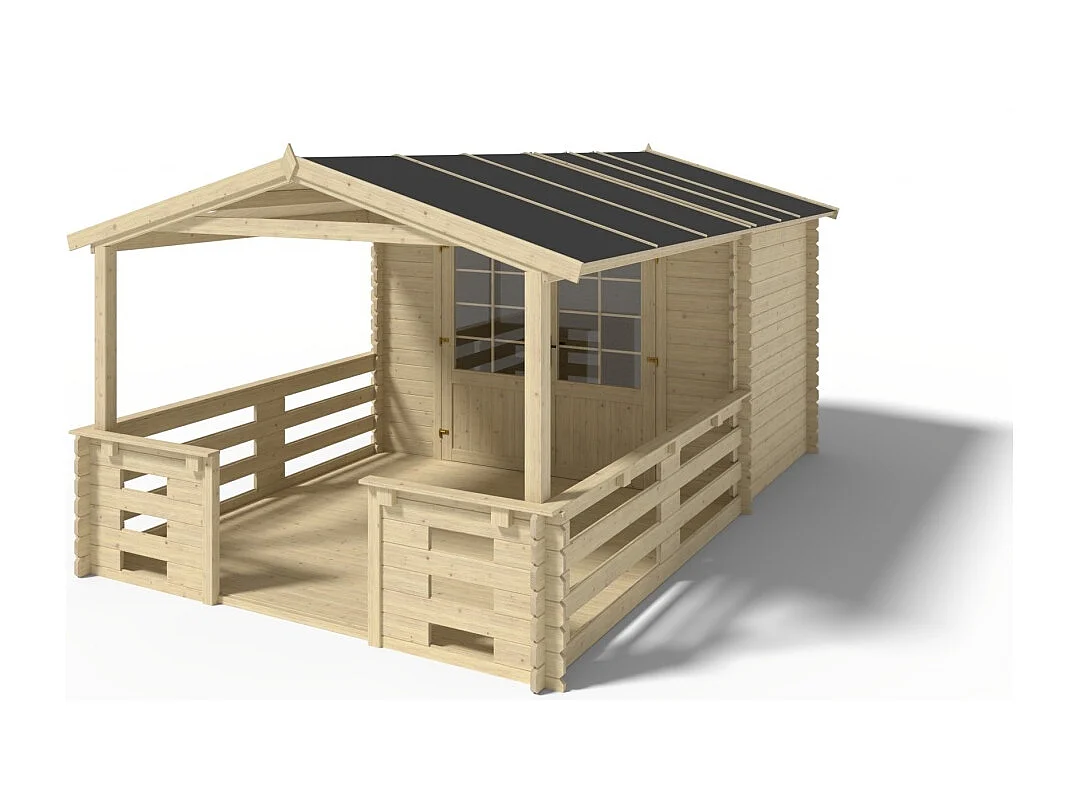 Abri de jardin en bois - 3x2 m + terrasse avec balustrade et avant-toit en bois - 15 m2 - DOM420+DOM394+DOM395+POD04 - ALTANKA