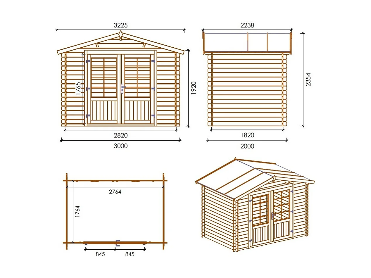 Abri de jardin en bois - 3x2 m + terrasse avec balustrade et avant-toit en bois - 15 m2 - DOM420+DOM394+DOM395+POD04 - ALTANKA