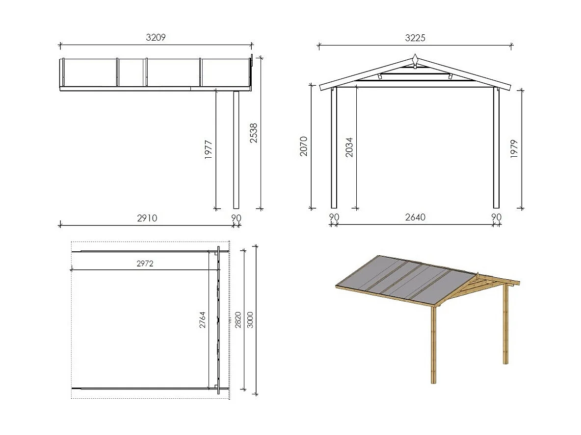 Abri de jardin en bois - 3x2 m + terrasse avec balustrade et avant-toit en bois - 15 m2 - DOM420+DOM394+DOM395+POD04 - ALTANKA