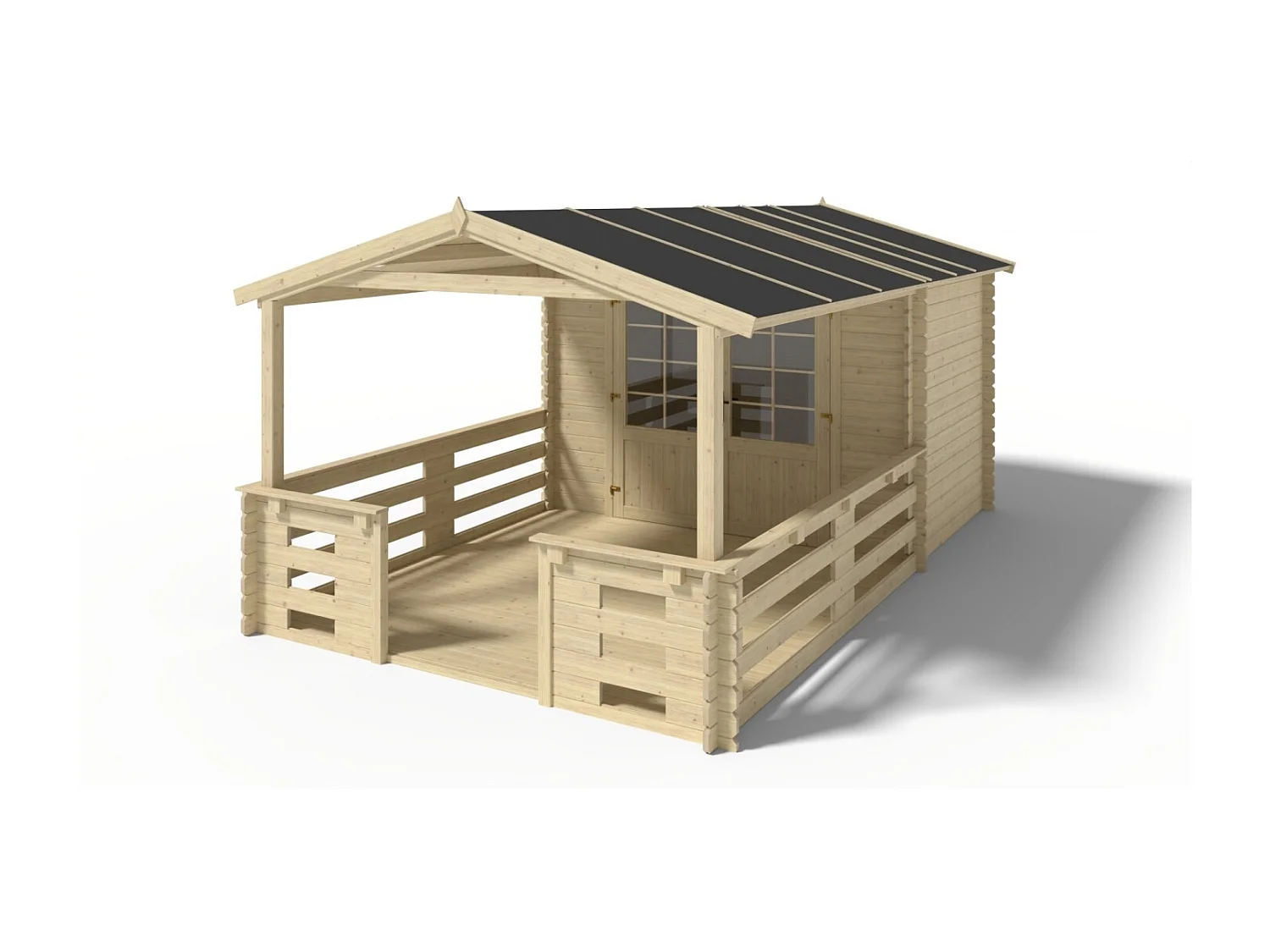 Casetta da giardino in legno con veranda e tettoia - 15m2 - 3x2m - 28mm - colore: naturale - DOM420+DOM394+DOM395+POD04 - ALTANKA