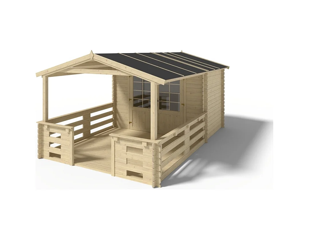 Casetta da giardino in legno con veranda e tettoia - 15.00m2 - 3.00x2.00m - 28mm - colore: naturale - DOM420+DOM394+DOM395+POD04 - ALTANKA