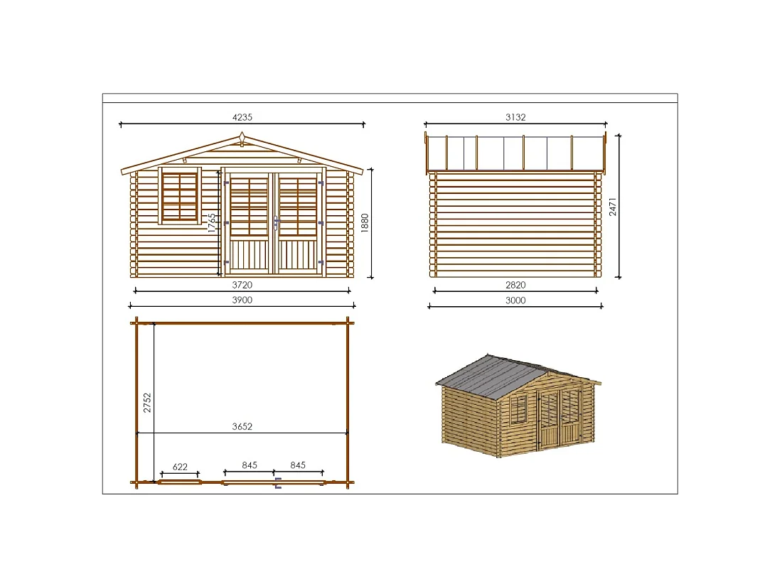 Casetta da giardino in legno - 11.7m2 - 3.9x3m - 34mm - colore: naturale - DOM561 - ALTANKA