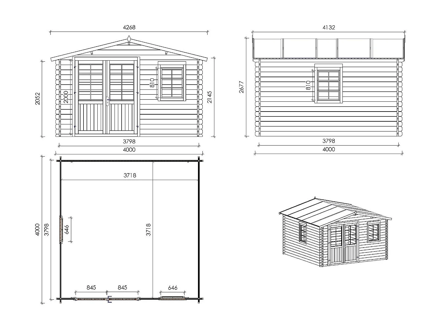 Abri de jardin en bois - 16m2 - 4x4m - Ep. 40mm - Couleur: naturel - DOM611 - ALTANKA