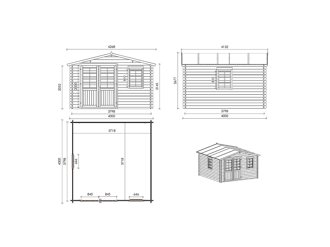 Abri de jardin en bois - 16m2 - 4x4m - Ep. 40mm - Couleur: naturel - DOM611 - ALTANKA