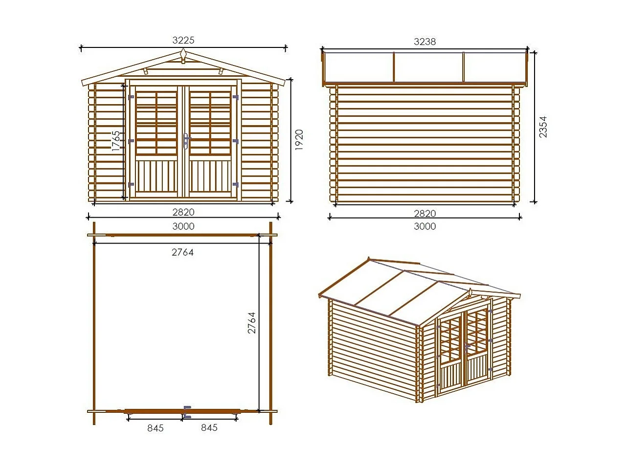 Abri de jardin en bois - 3x3 m + terrasse avec balustrade et avant-toit en bois - 15 m2 - Traité - DOM427+DOM146+DOM147+POD05 - ALTANKA