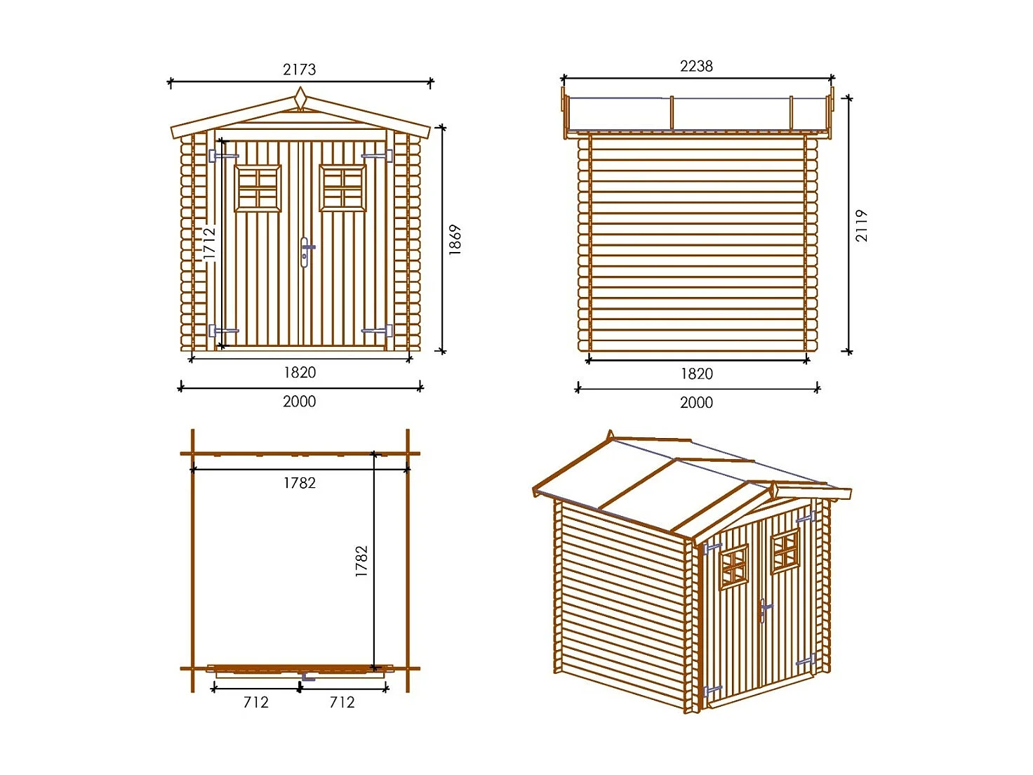 Abri de jardin en bois - 4m2 - 2x2m - Ep. 19mm - Couleur: naturel - DOM565 - ALTANKA