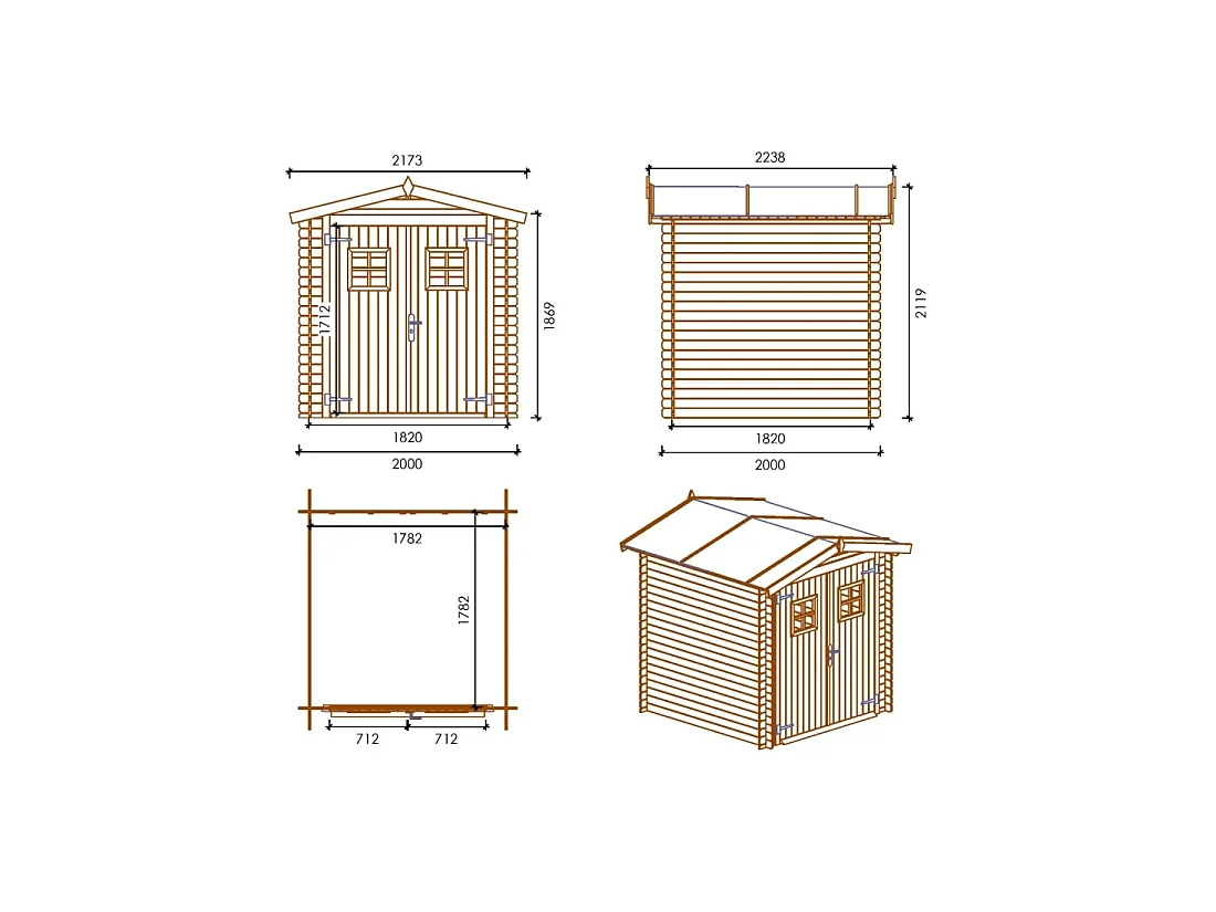 Abri de jardin en bois - 4m2 - 2x2m - Ep. 19mm - Couleur: naturel - DOM565 - ALTANKA