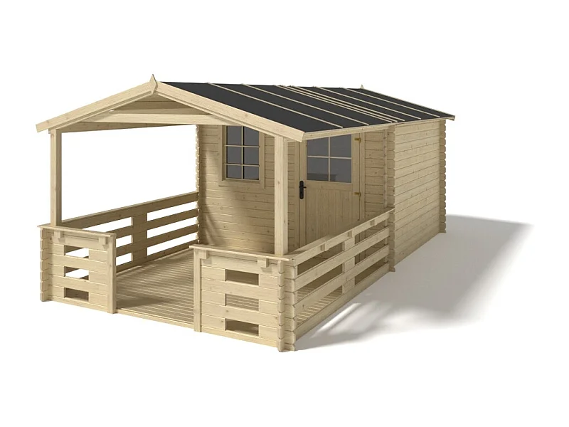 Casetta da giardino in legno con veranda e tettoia - 15.00m2 - 3.00x2.00m - 28mm - colore: naturale - DOM472+DOM394+DOM395+POD04 - ALTANKA