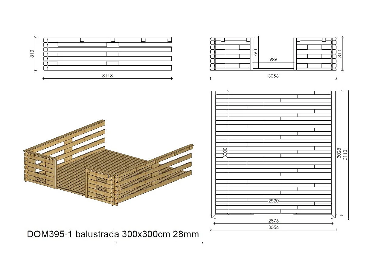 Abri de jardin en bois - 3x2 m + terrasse avec balustrade et avant-toit en bois - 15 m2 - DOM472+DOM394+DOM395+POD04 - ALTANKA