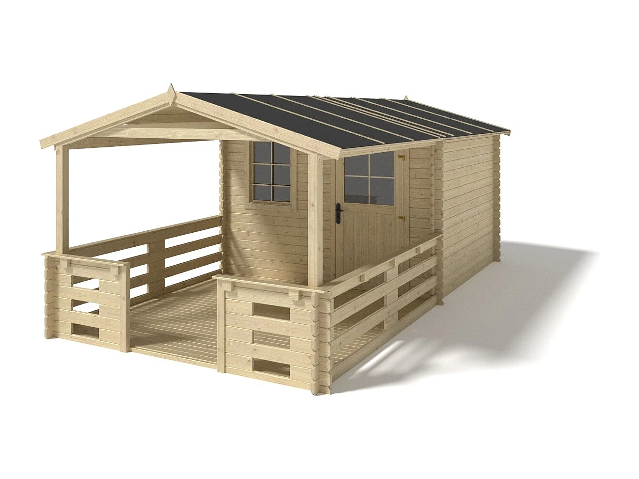Casetta da giardino in legno con veranda e tettoia - 15m2 - 3x2m - 28mm - colore: naturale - DOM472+DOM394+DOM395+POD04 - ALTANKA