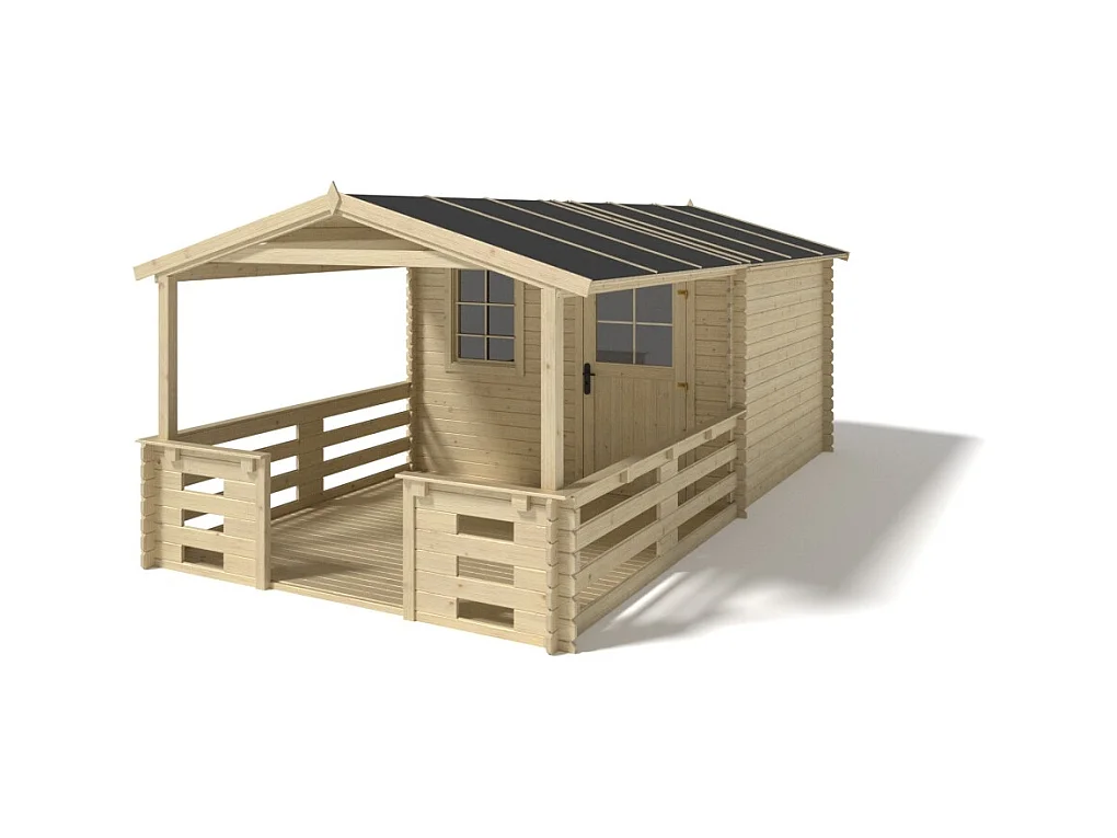 Casetta da giardino in legno con veranda e tettoia - 15.00m2 - 3.00x2.00m - 28mm - colore: naturale - DOM472+DOM394+DOM395+POD04 - ALTANKA