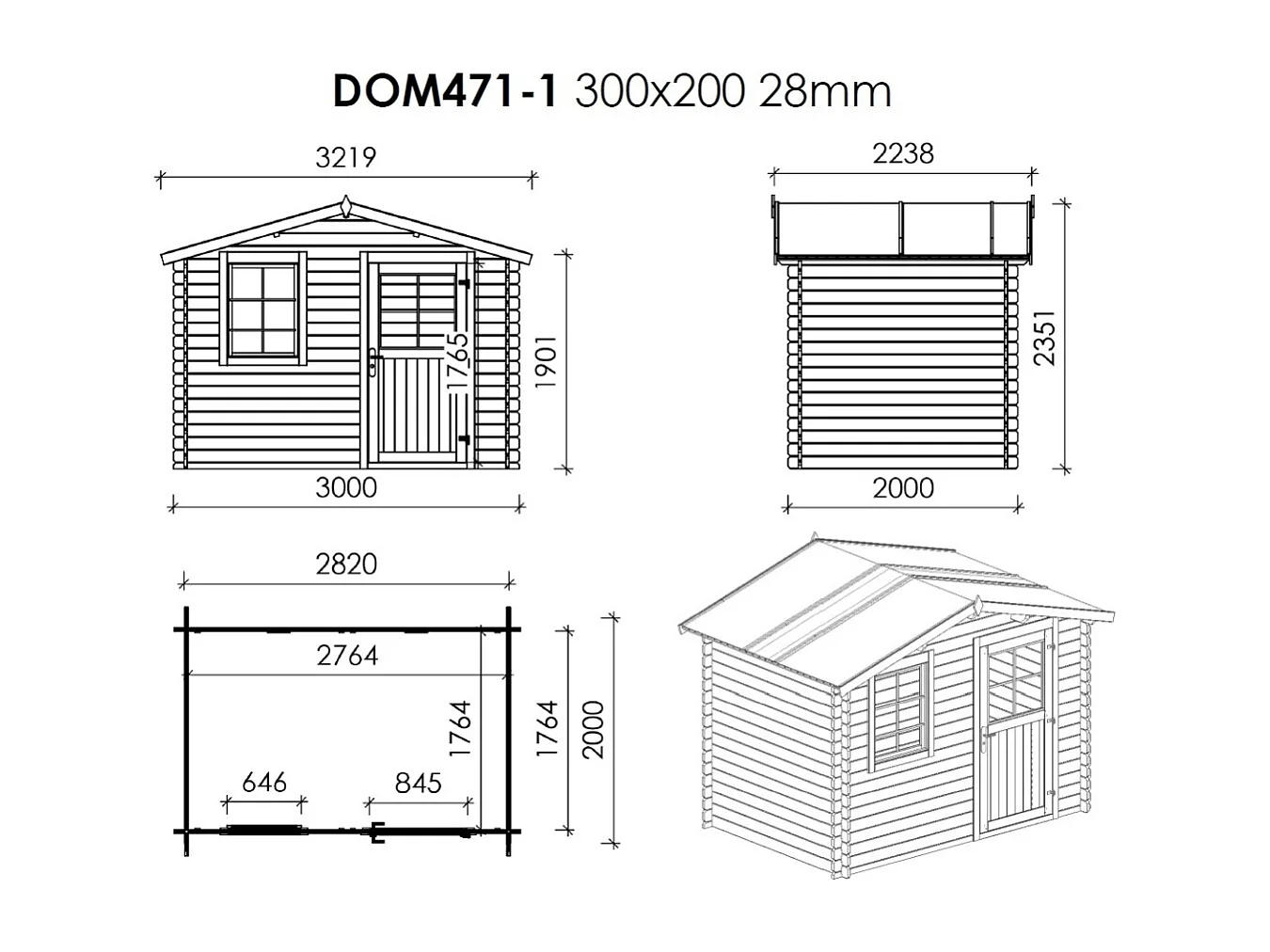 Abri de jardin en bois - 3x2 m + terrasse avec balustrade et avant-toit en bois - 15 m2 - DOM472+DOM394+DOM395+POD04 - ALTANKA