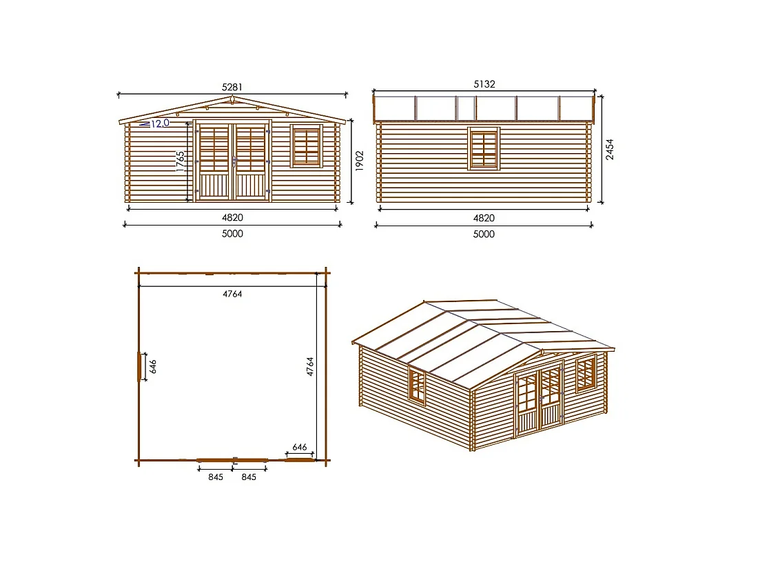 Abri de jardin en bois - 25m2 - 5x5m - Ep. 28mm - Couleur: naturel - DOM591 - ALTANKA