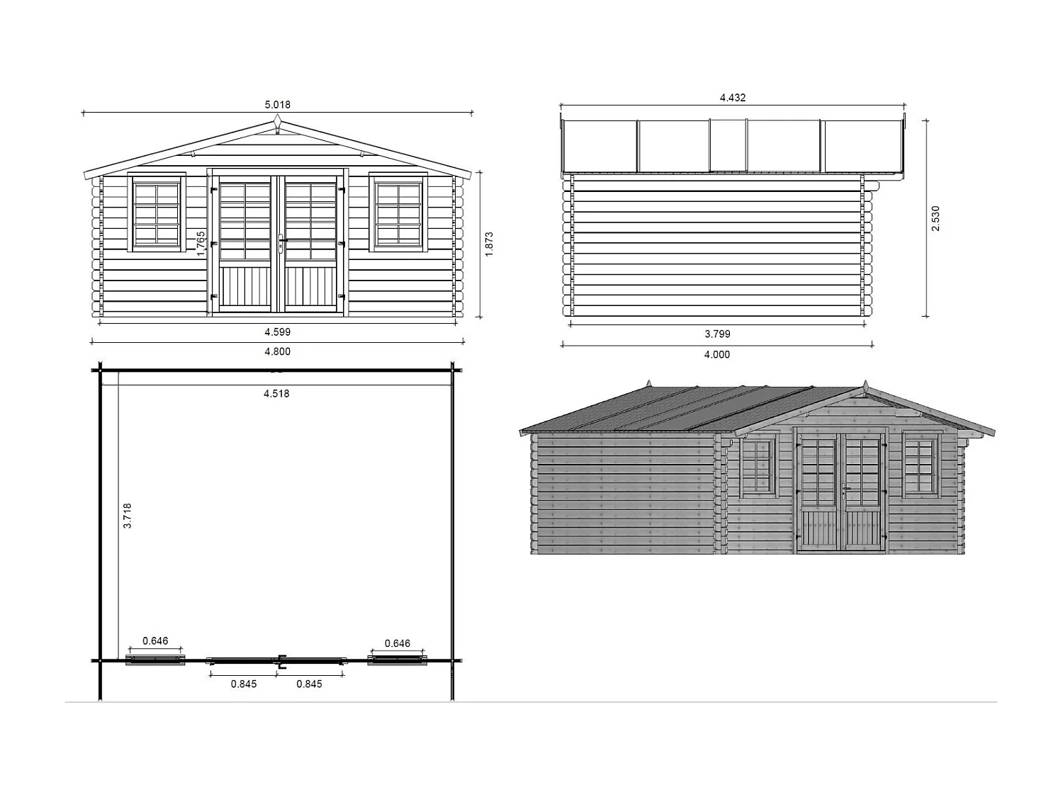 Abri de jardin en bois - 19.2m2 - 4.8x4m - Ep. 40mm - Couleur: naturel - DOM370 - ALTANKA
