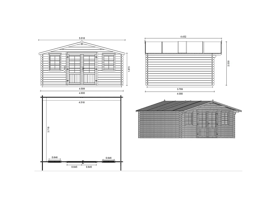 Abri de jardin en bois - 19.2m2 - 4.8x4m - Ep. 40mm - Couleur: naturel - DOM370 - ALTANKA