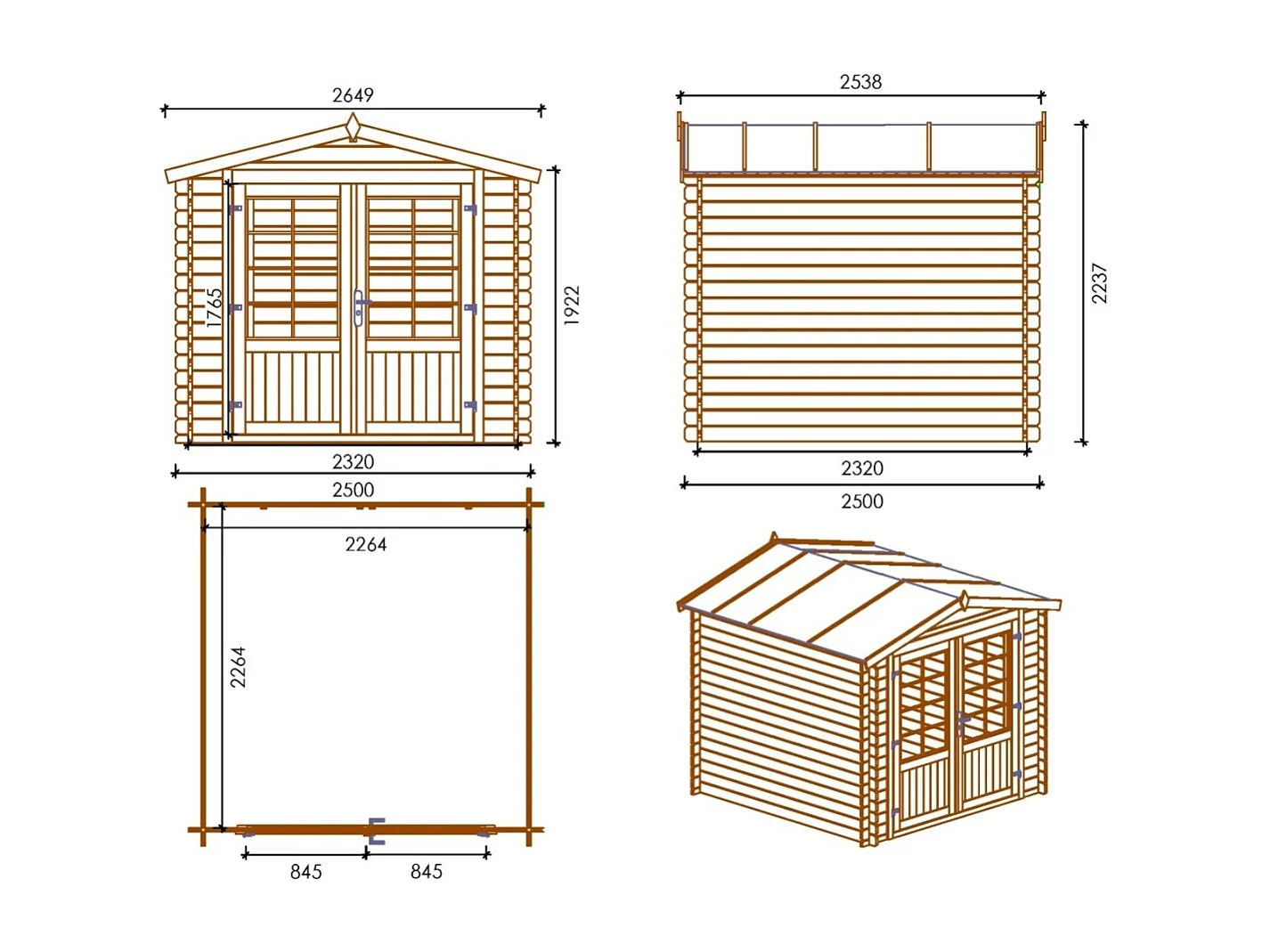 Abri de jardin en bois - 6.25m2 - 2.5x2.5m - Ep. 28mm - Couleur: naturel - DOM521 - ALTANKA
