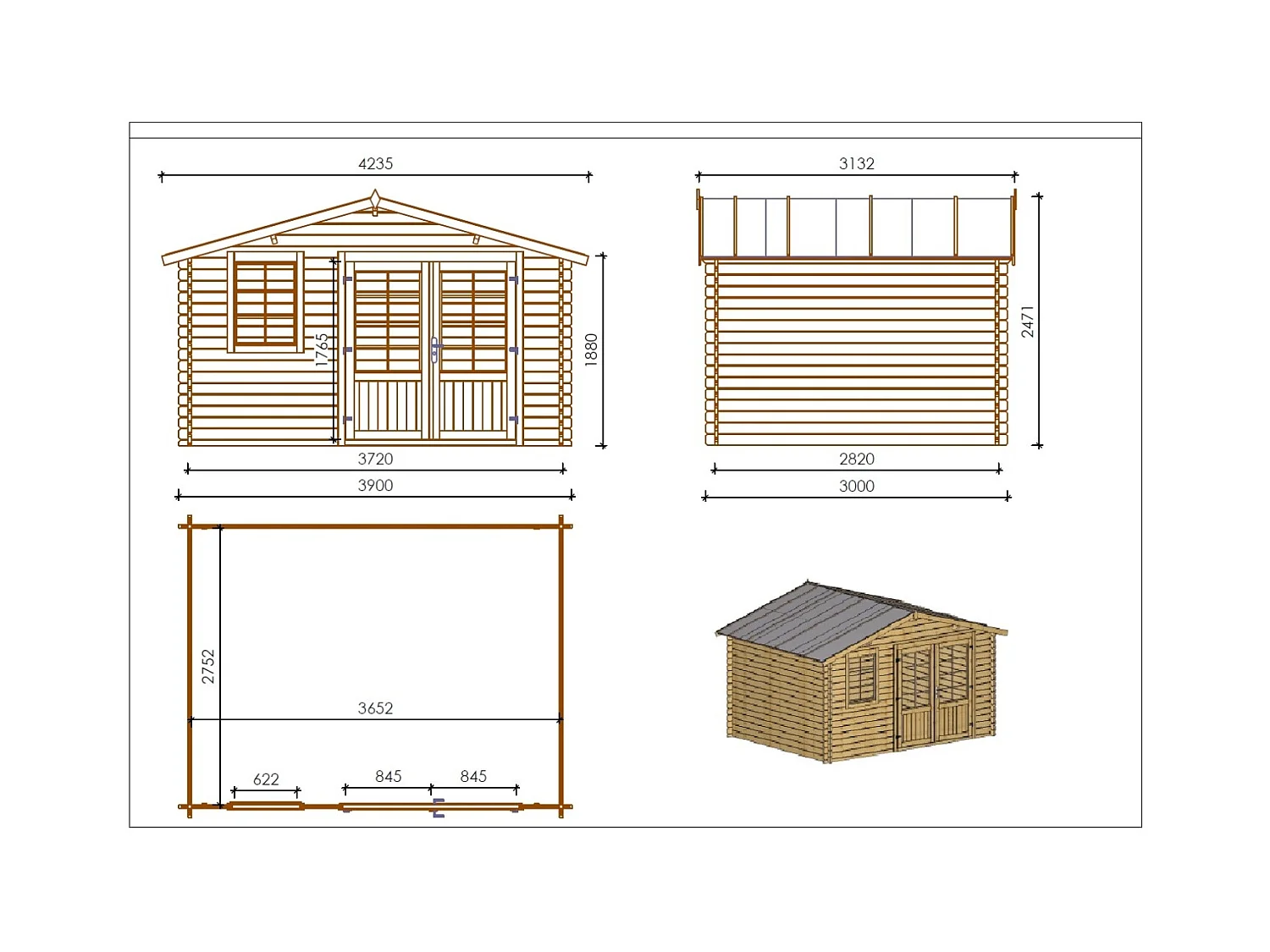Abri de jardin en bois - 11.7m2 - 3.9x3m - Traité - Ep. 34mm - Couleur: marron - DOM562 - ALTANKA