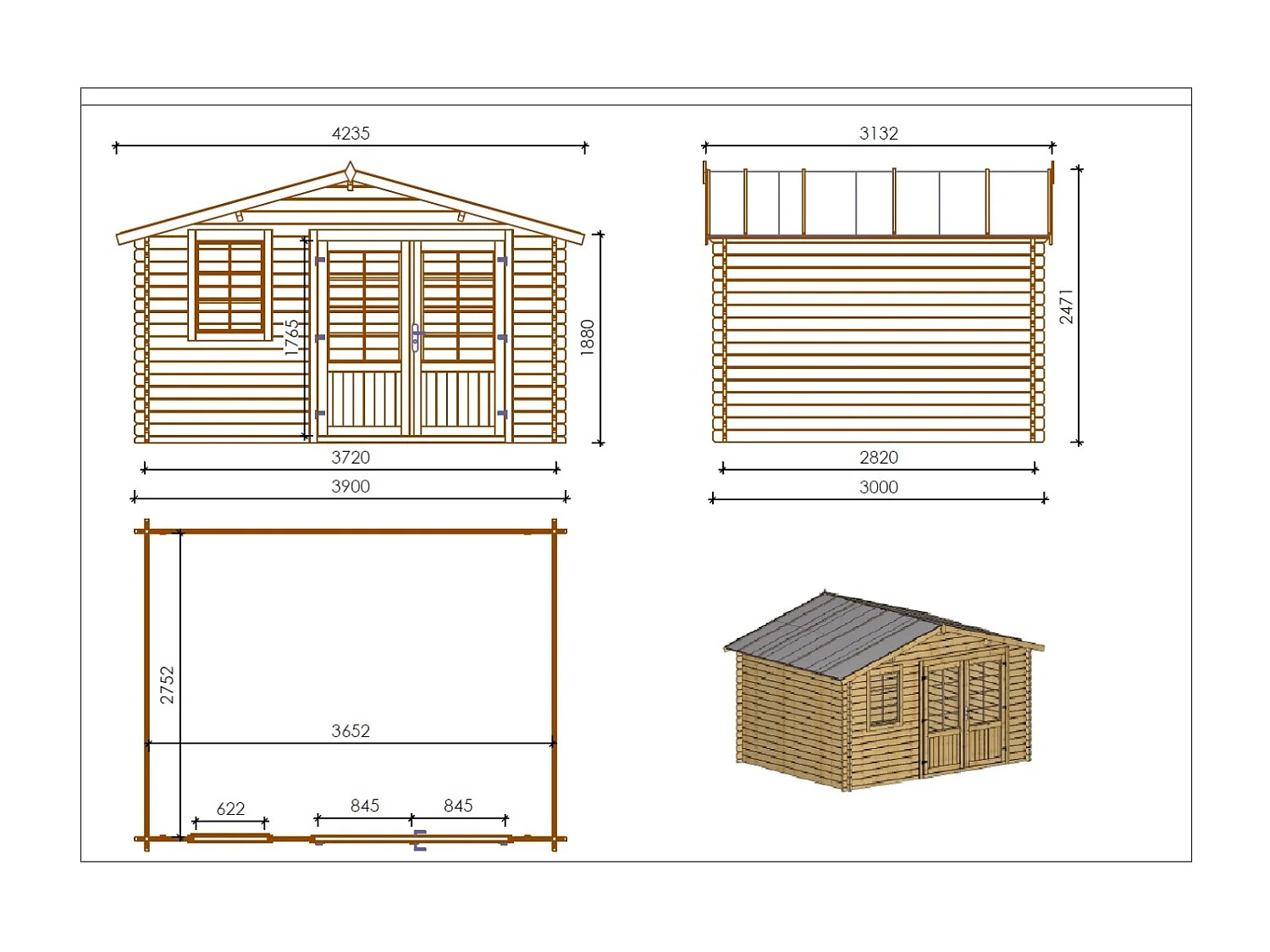 Abri de jardin en bois - 11.7m2 - 3.9x3m - Traité - Ep. 34mm - Couleur: marron - DOM562 - ALTANKA