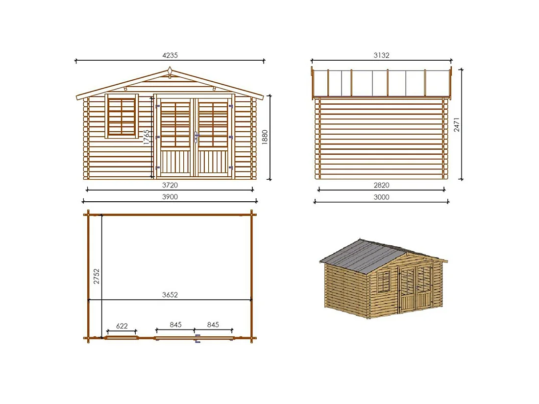 Casetta da giardino in legno - 11.7m2 - 3.9x3m - impregnata - 34mm - colore: marrone - DOM562 - ALTANKA