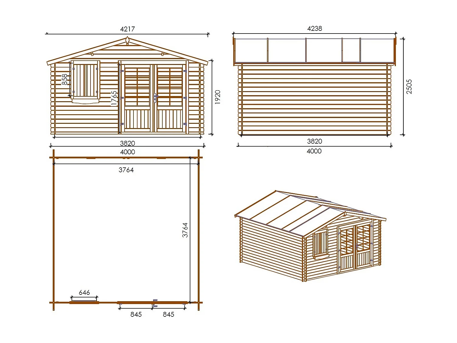Abri de jardin en bois - 16m2 - 4x4m - Ep. 28mm - Couleur: naturel - DOM130 - ALTANKA