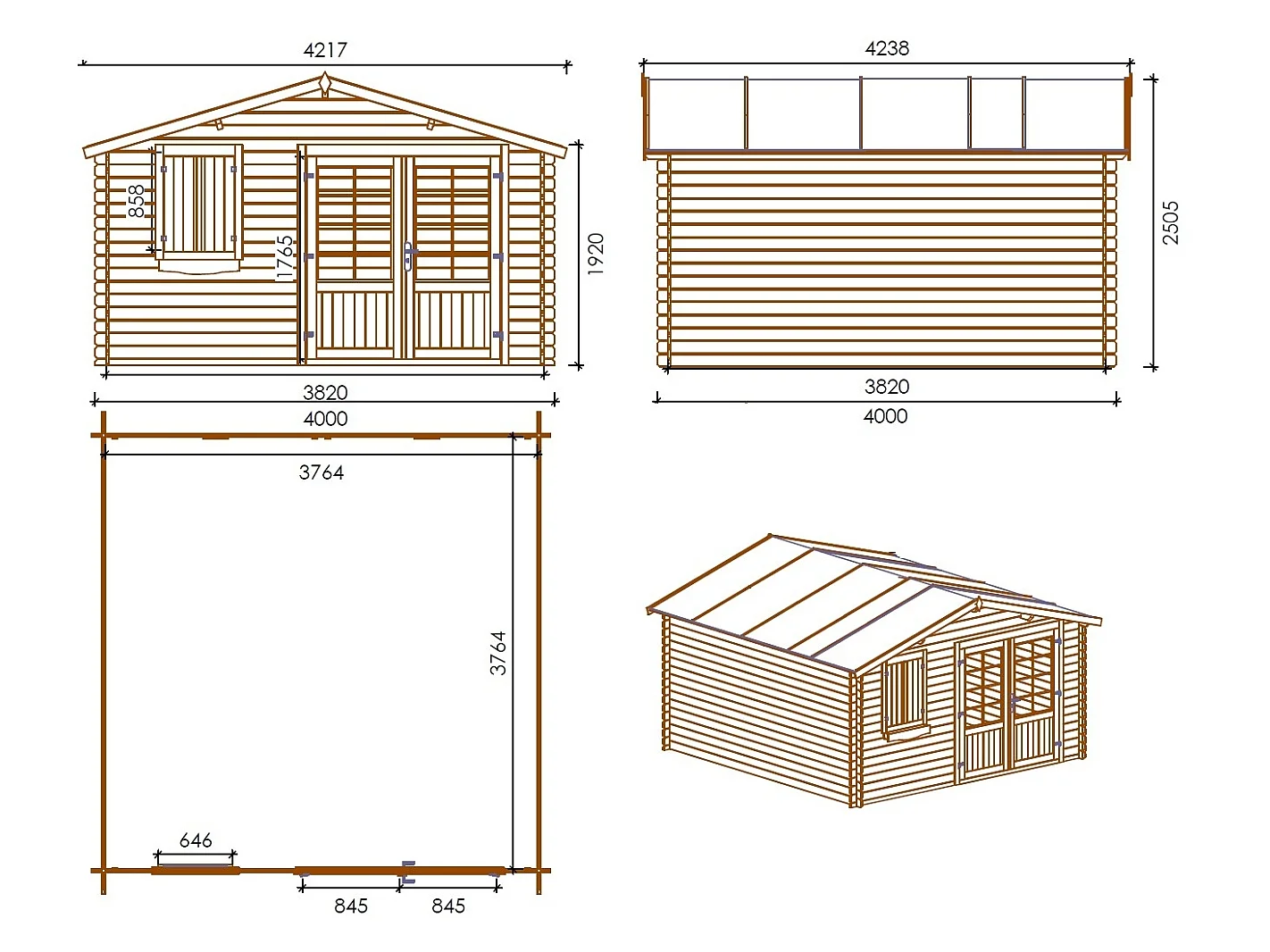 Abri de jardin en bois - 16m2 - 4x4m - Ep. 28mm - Couleur: naturel - DOM130 - ALTANKA