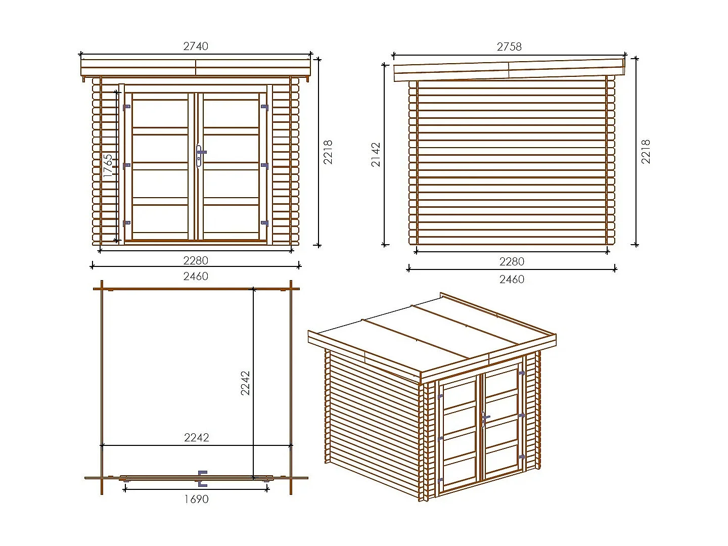 Abri de jardin en bois - 6m2 - 2,46x2,46m - Traité - Ep. 19mm - Couleur: gris - DOM280 - ALTANKA