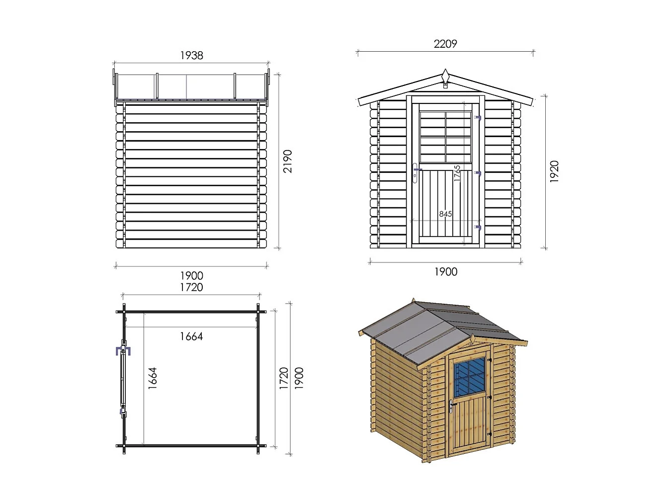 Casetta da giardino in legno - 3.61m2 - 1.90x1.90m - 28mm - colore: naturale - DOM593 - ALTANKA