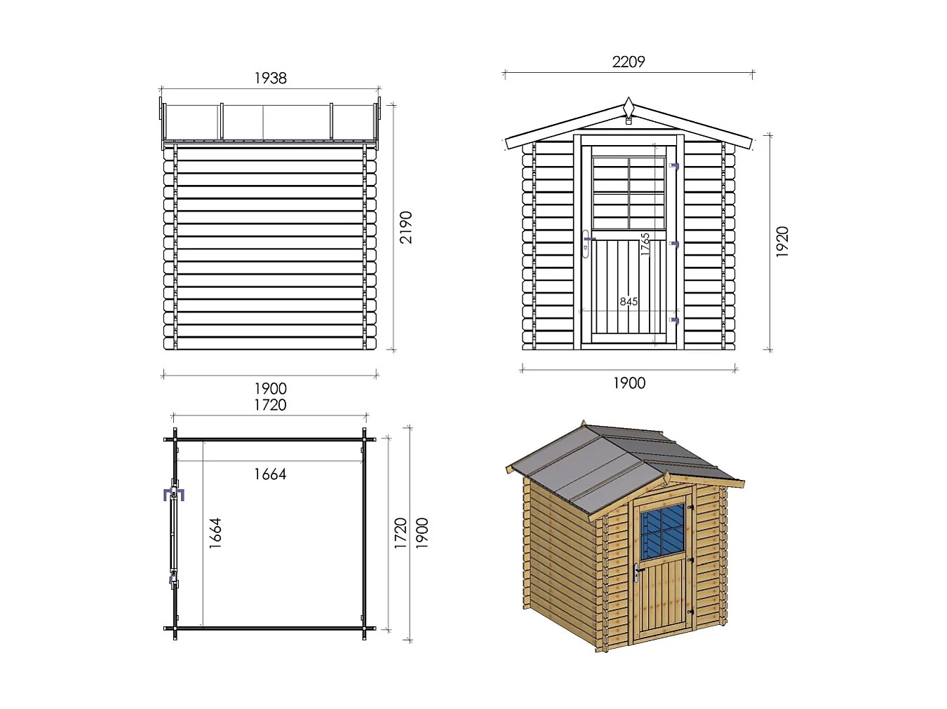 Abri de jardin en bois - 3.61m2 - 1.9x1.9m - Ep. 28mm - Couleur: naturel - DOM593 - ALTANKA