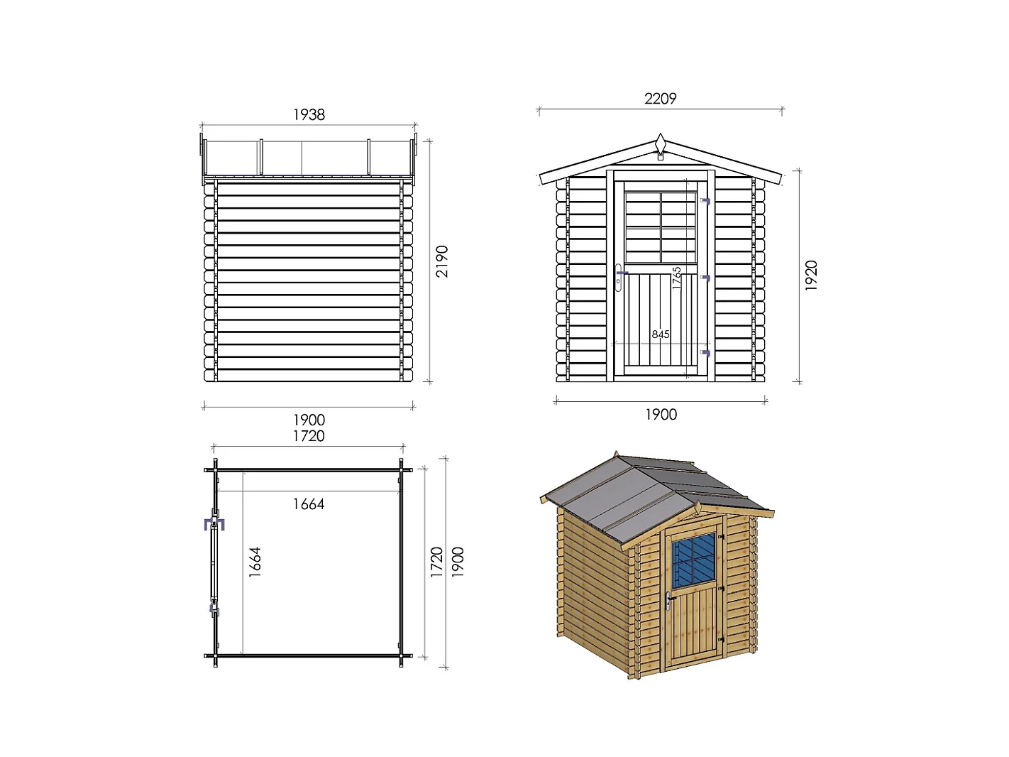 Abri de jardin en bois - 3.61m2 - 1.9x1.9m - Ep. 28mm - Couleur: naturel - DOM593 - ALTANKA