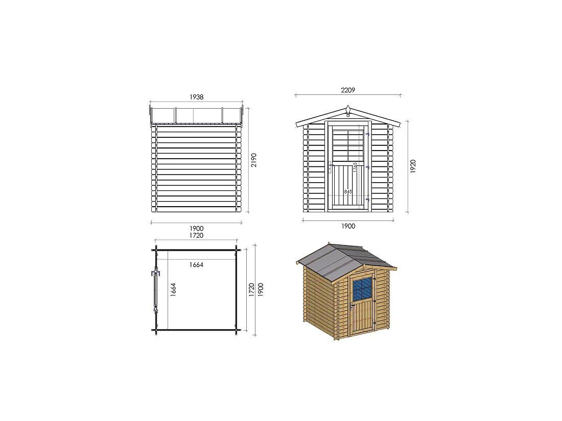 Abri de jardin en bois - 3.61m2 - 1.9x1.9m - Ep. 28mm - Couleur: naturel - DOM593 - ALTANKA