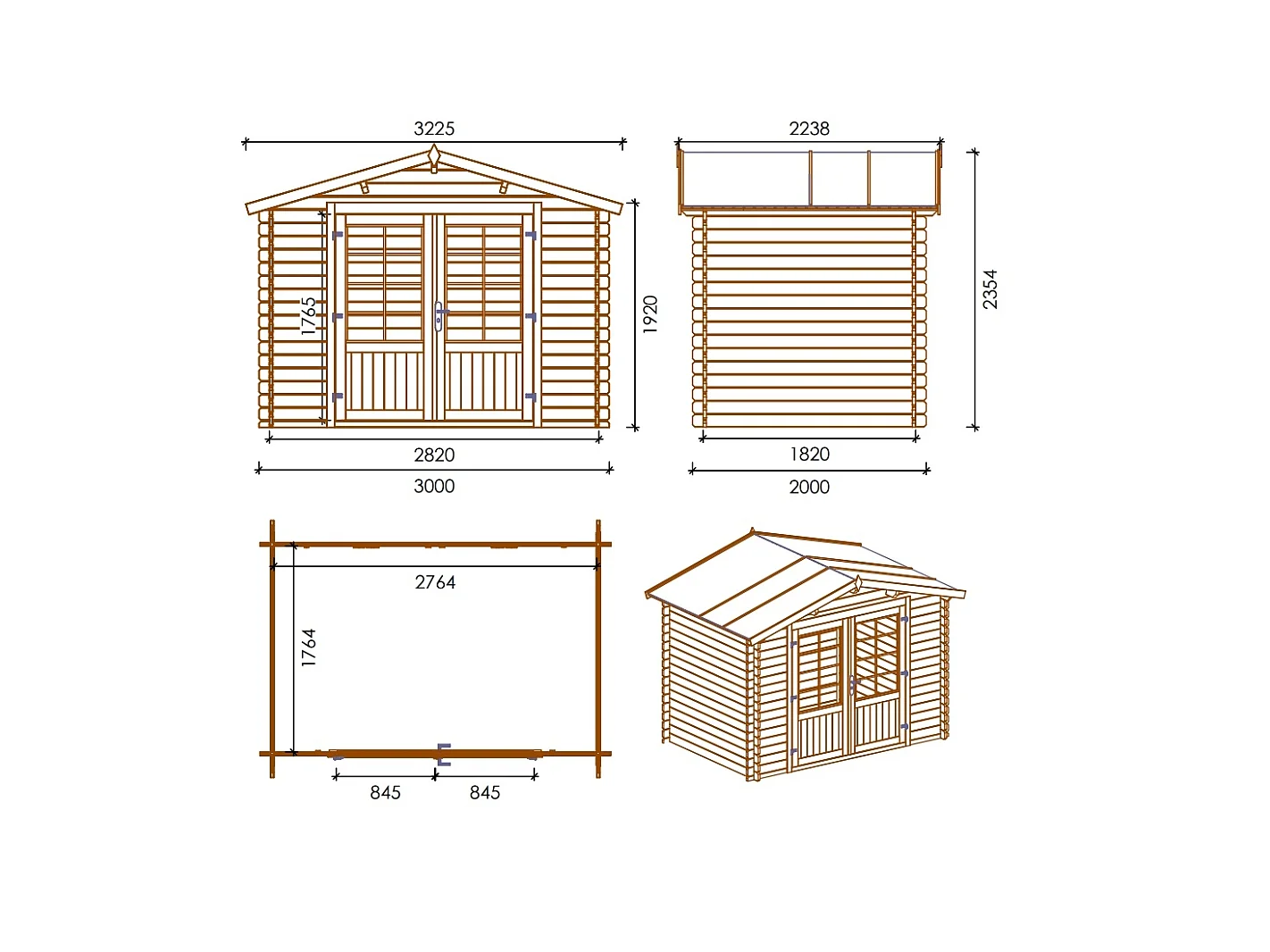 Abri de jardin en bois - 6m2 - 3x2m - Ep. 28mm - Couleur: naturel - DOM420 - ALTANKA