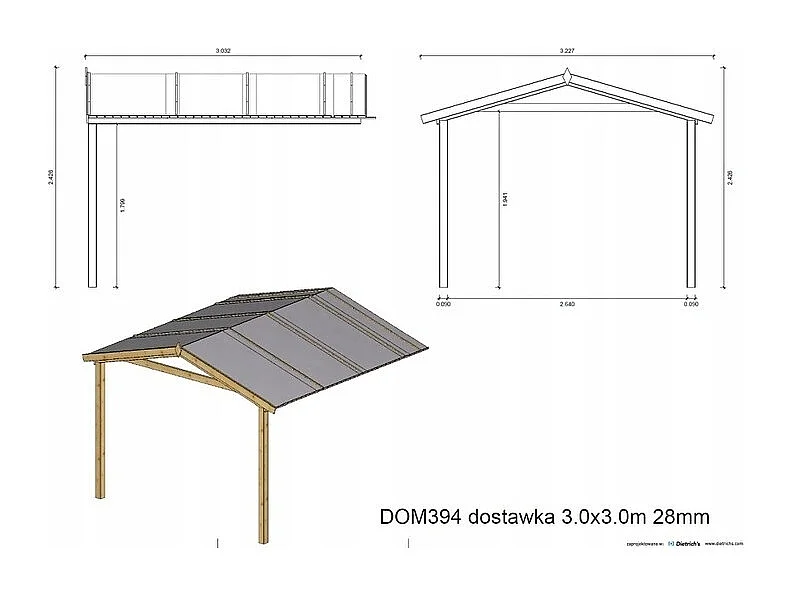 Casetta da giardino in legno con veranda e tettoia - 18.00m2 - 3.00x3.00m - impregnata - 28mm - colore: marrone - DOM427+DOM539+DOM540+POD05 - ALTANKA