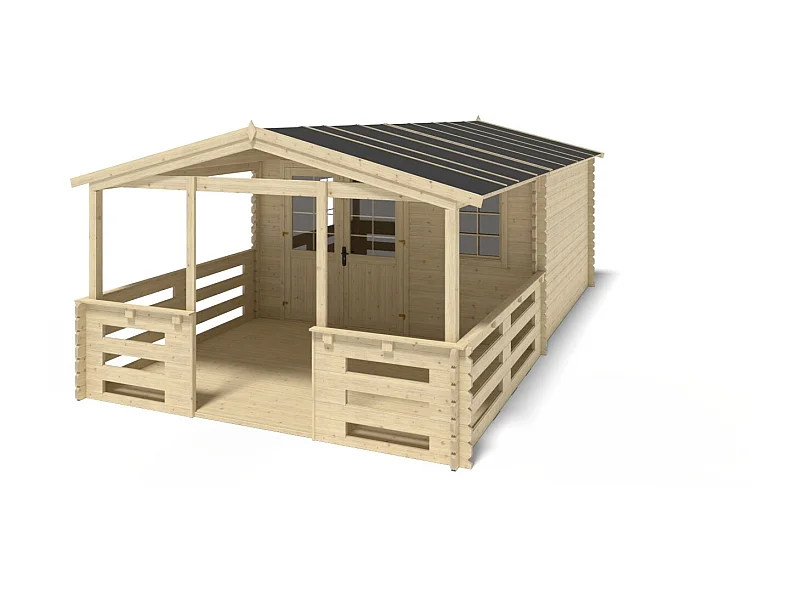 Casetta da giardino in legno con veranda e tettoia - 28.00m2 - 4.00x4.00m - 40mm - colore: naturale - DOM611+DOM618+DOM548+POD04 - ALTANKA